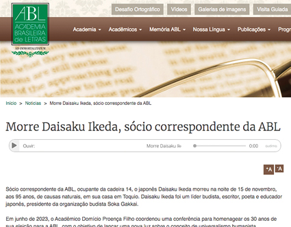Site da Academia Brasileira de Letras noticia falecimento de Ikeda sensei